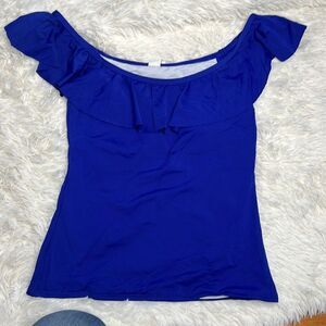Off The Shoulder Ruffle Tankini Swim Top Royal Blue Size Small Nwot Sample piece